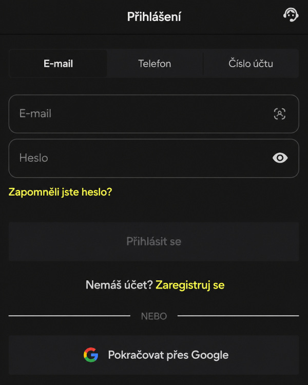 Systém přihlášení do osobního účtu se všemi dostupnými možnostmi