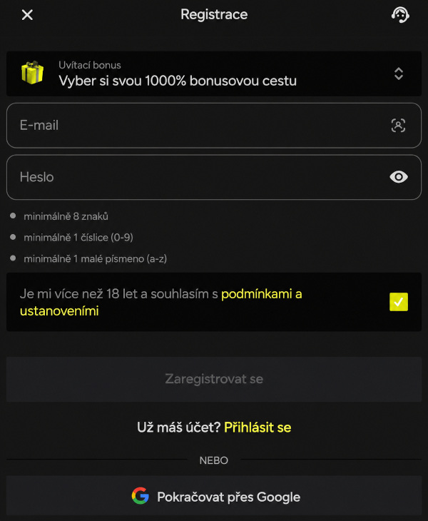 Registrace nového uživatele prostřednictvím standardního systému